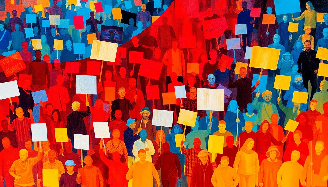 A dynamic, abstract painting of a crowd of protesters marching, the figures repeated in overlapping, fractured geometric waves of vibrant colors, conceptually representing the energy and diversity of the nationwide 'No Kings' demonstrations.