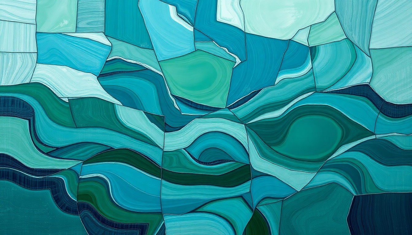 A vibrant, abstract painting featuring overlapping, fractured geometric shapes in shades of blue, green, and grey, conceptually representing the contested control and complex power dynamics over water resources in Africa.