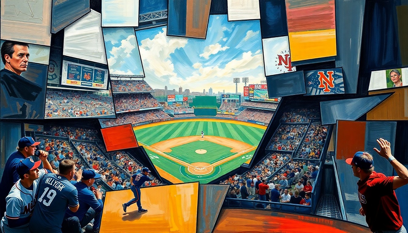 A cubist, geometric painting depicting a baseball game or match, with players and the field broken down into sharp, overlapping planes of color and shape, conveying the disruption and adaptability required by the Mets due to Soto's injury.