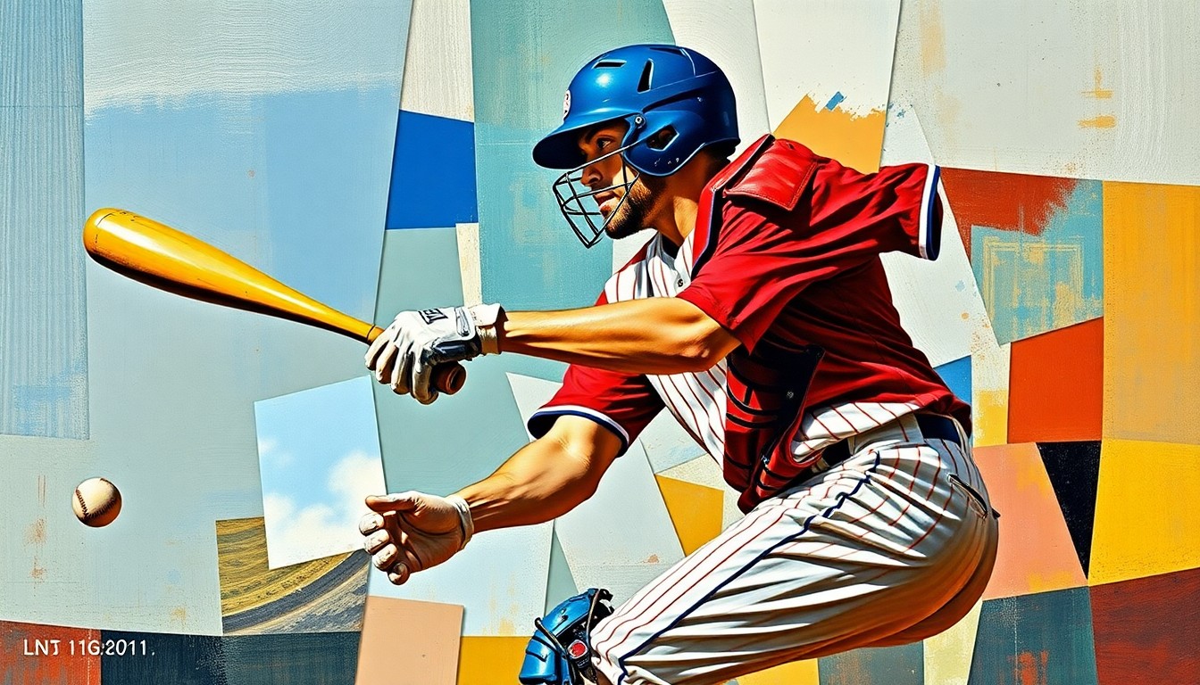 A cubist-style painting depicting a baseball catcher in action, with the figure broken down into sharp, overlapping geometric shapes and planes in muted, earthy tones, conceptually representing the challenges teams face in managing player injuries and roster depth.