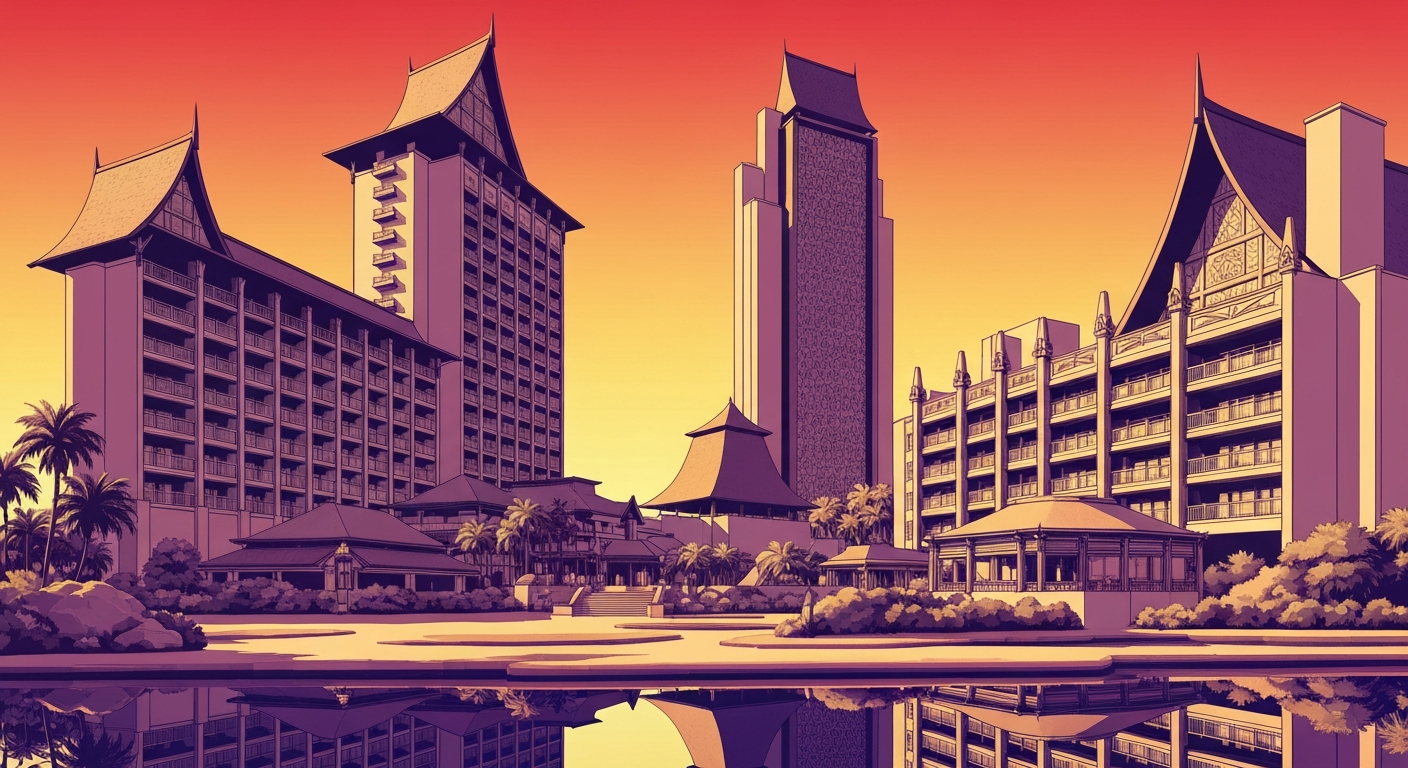 A bold, geometric illustration in the Art Deco style depicts the grand, sweeping architecture of Disney's Polynesian Resort, with towering forced perspectives and smooth, airbrushed gradients capturing the romance and scale of the resort's transformation.