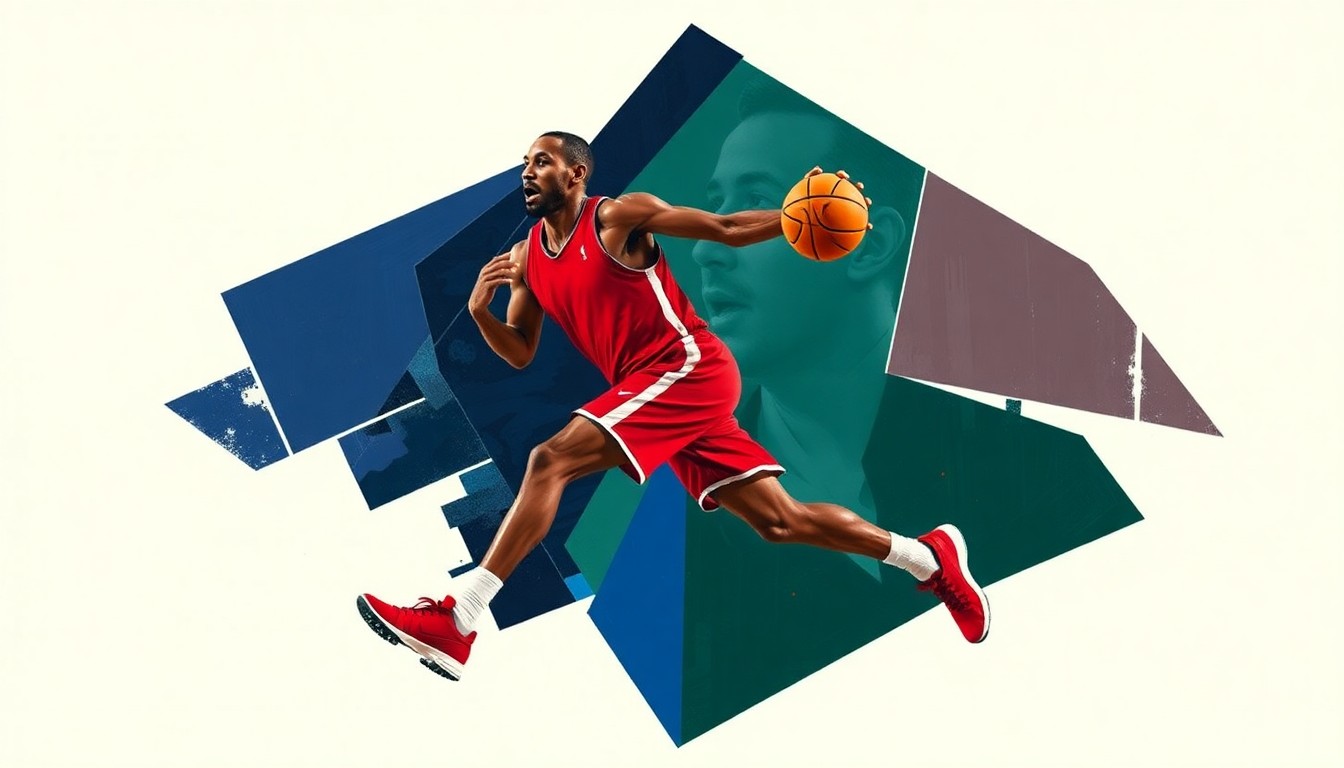 A cubist, geometric painting depicting a basketball player in mid-motion, with sharp, overlapping planes of navy blue, forest green, and crimson red, capturing the fractured, multi-perspective nature of the sport and the player's intense competitive drive.