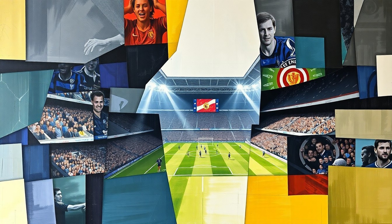A fractured, geometric painting depicting a Premier League football match, with players and the field broken down into sharp, overlapping planes of color and shape, conveying the strategic challenges of the gameweek.