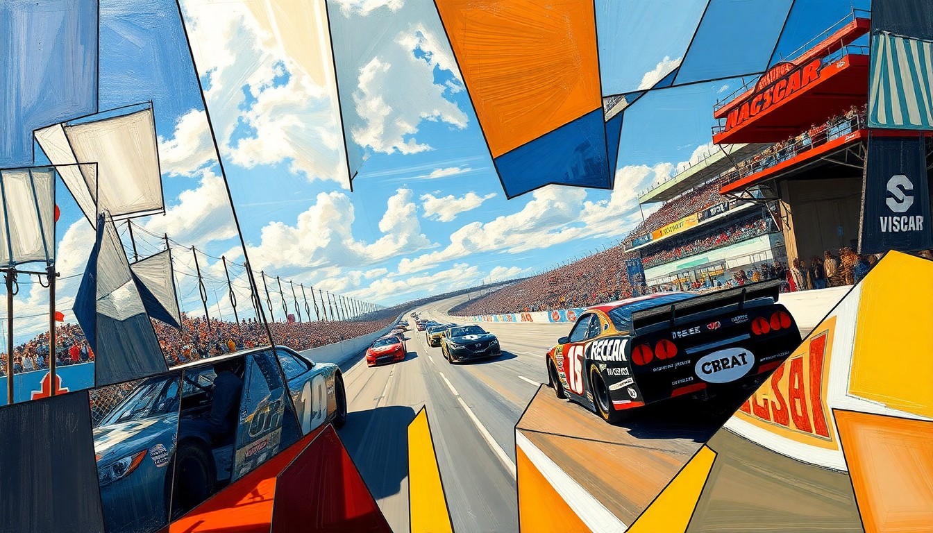 A cubist, geometric painting depicting a NASCAR race scene, with the cars and track broken down into sharp, overlapping planes of color and shape, conveying the dynamic energy and competitive spirit of the sport.