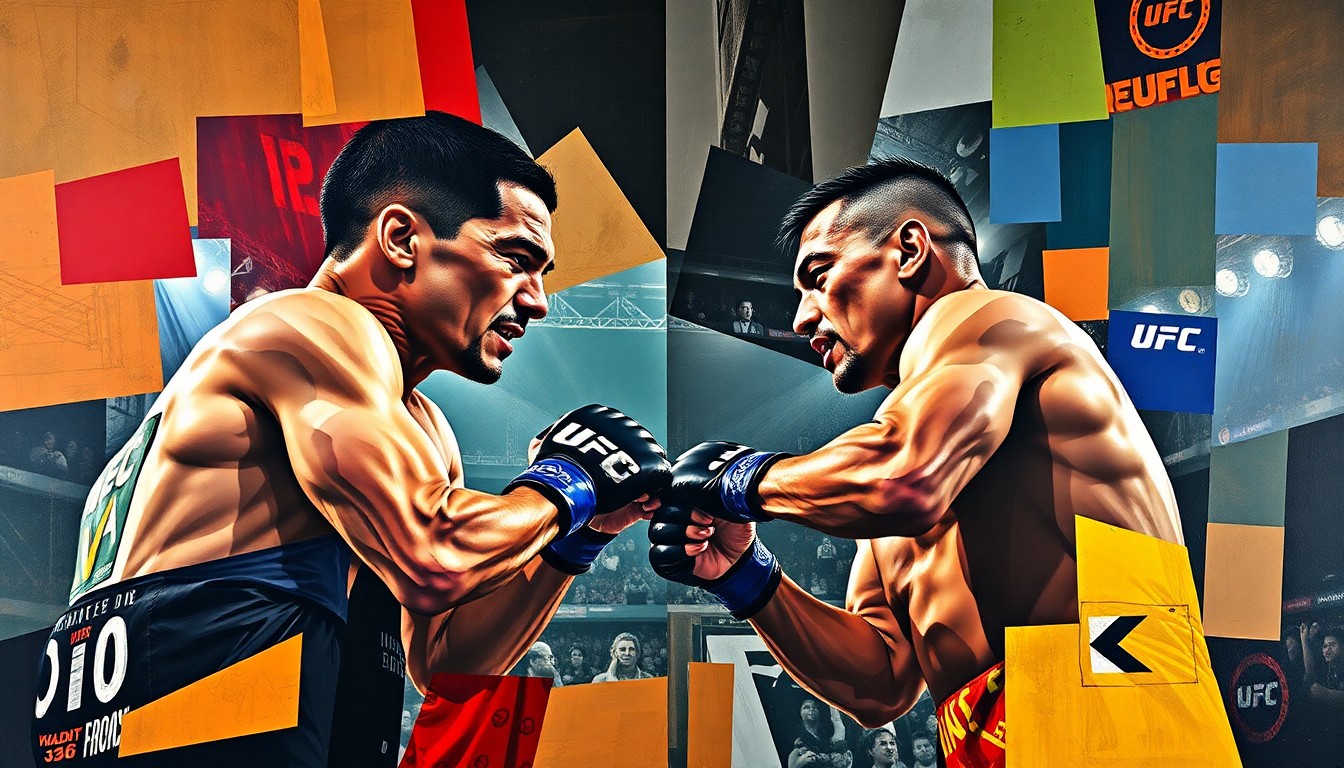 A cubist, geometric painting depicting the intense action and drama of a UFC fight, with sharp, overlapping planes of color and form representing the clash of the two fighters.