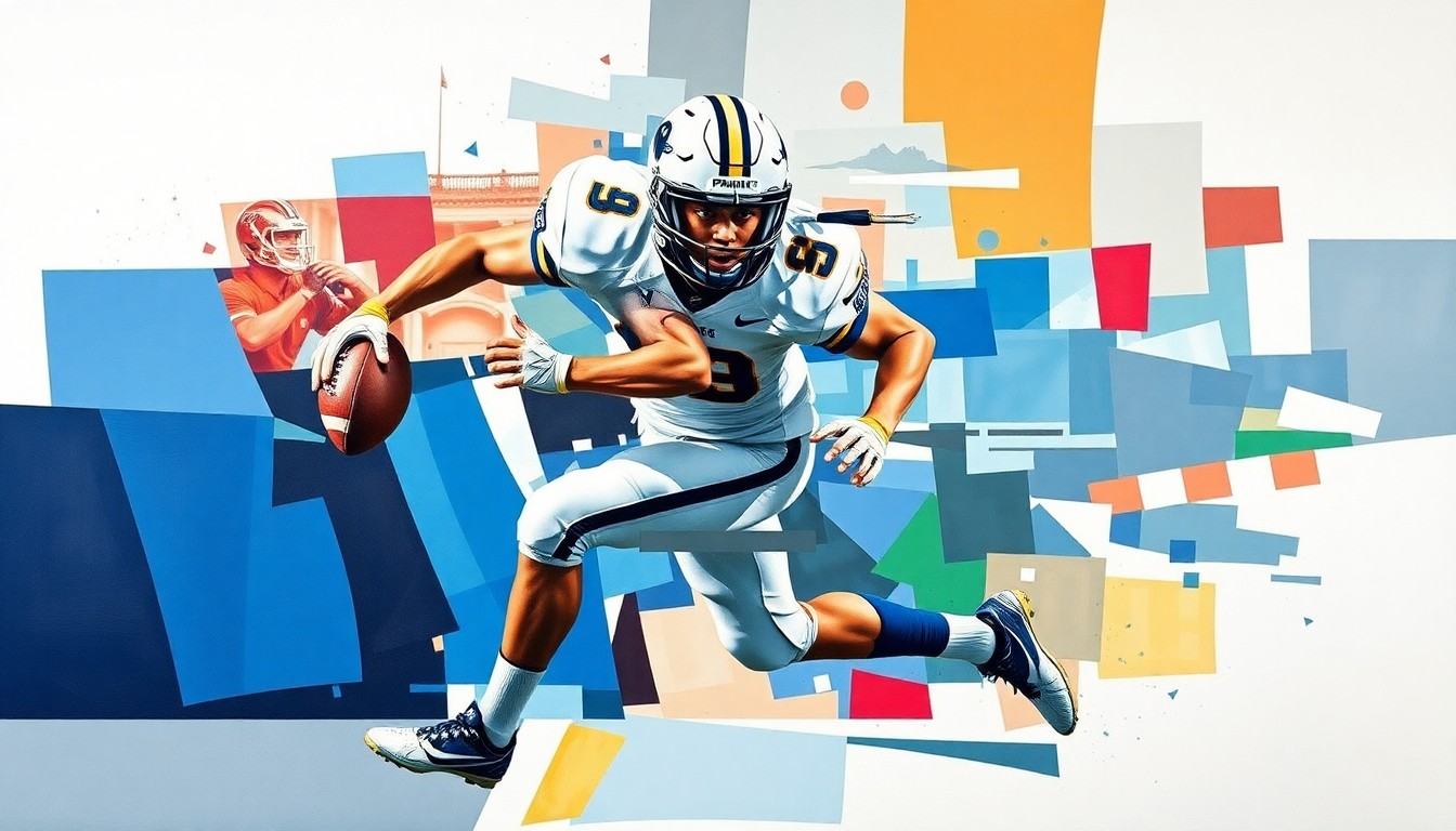 A fragmented, geometric painting depicting the motion and energy of a college football player, using the team colors of the UNI Panthers and Waterloo West to represent the local community ties.