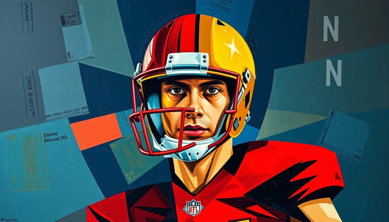 A cubist, geometric illustration depicting the various aspects of a college football player's training and development, including strength and conditioning, film study, and on-field practice, all broken down into sharp, overlapping planes of color.