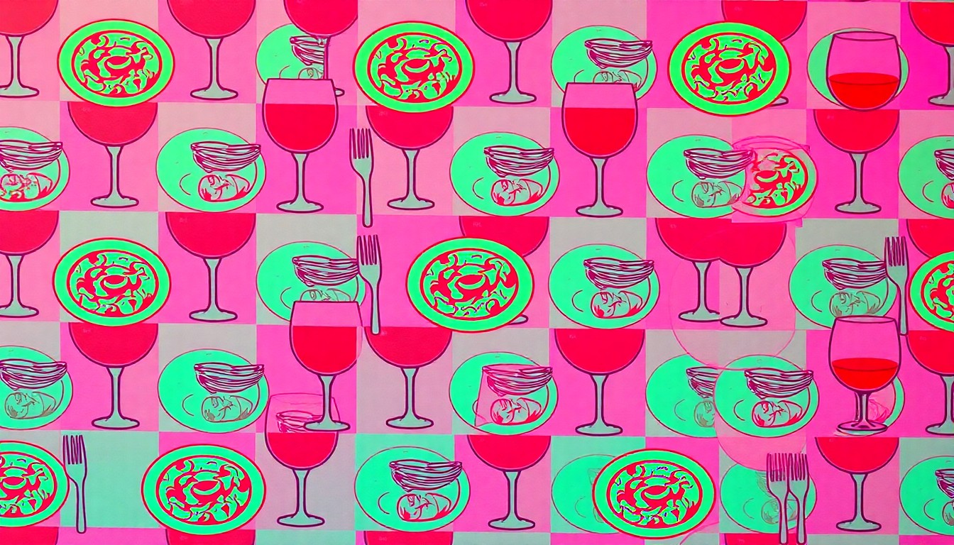 A high-contrast, silkscreen-style illustration featuring a repeated pattern of a single iconic Italian restaurant item, such as a wine glass or pasta dish, in a grid of bright, neon colors and heavy black outlines, conceptually representing the diverse and creative Italian dining experiences found in Des Moines.