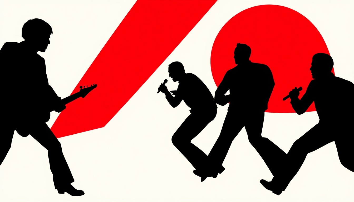 A bold, abstract composition of jagged geometric shapes and stark black silhouettes in high-contrast colors, conceptually representing the unintentionally funny one-hit wonders of the 1960s.