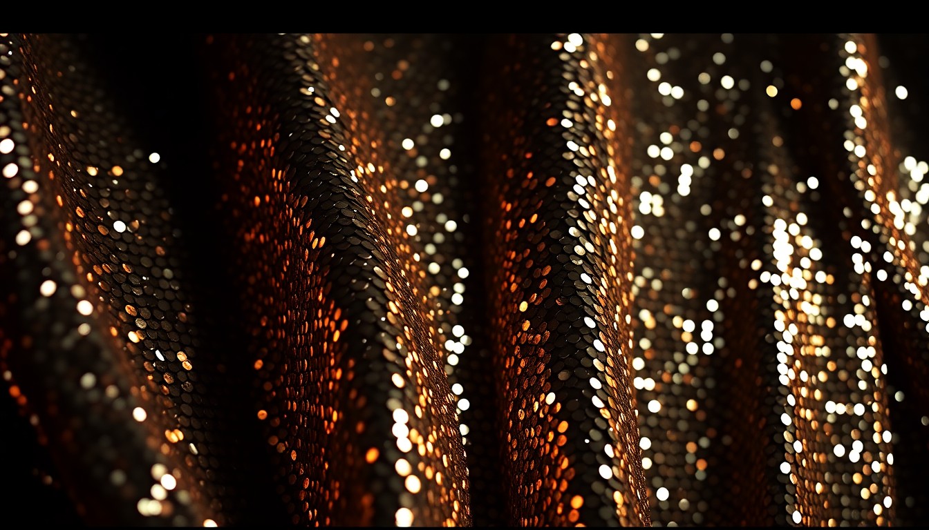 An extreme close-up of shimmering sequins reflecting dramatic studio lighting, conceptually representing the high-stakes drama and visual splendor of the dystopian series The Testaments.