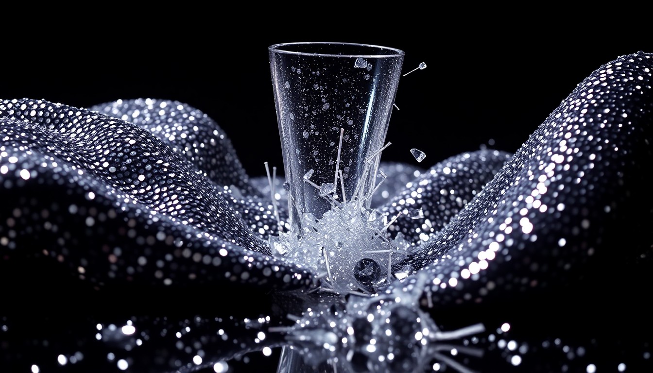 An extreme close-up of shimmering sequins and shattered glass reflecting dramatic studio lighting, conceptually representing the glamorous and villainous nature of the Evil-Lyn character.