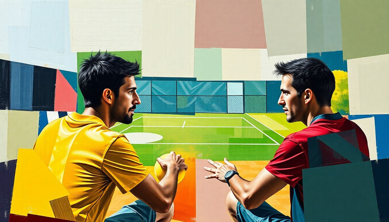 A cubist, geometric painting depicting a tennis coaching session, with overlapping planes and shapes representing the technical and strategic lessons being shared between the players.