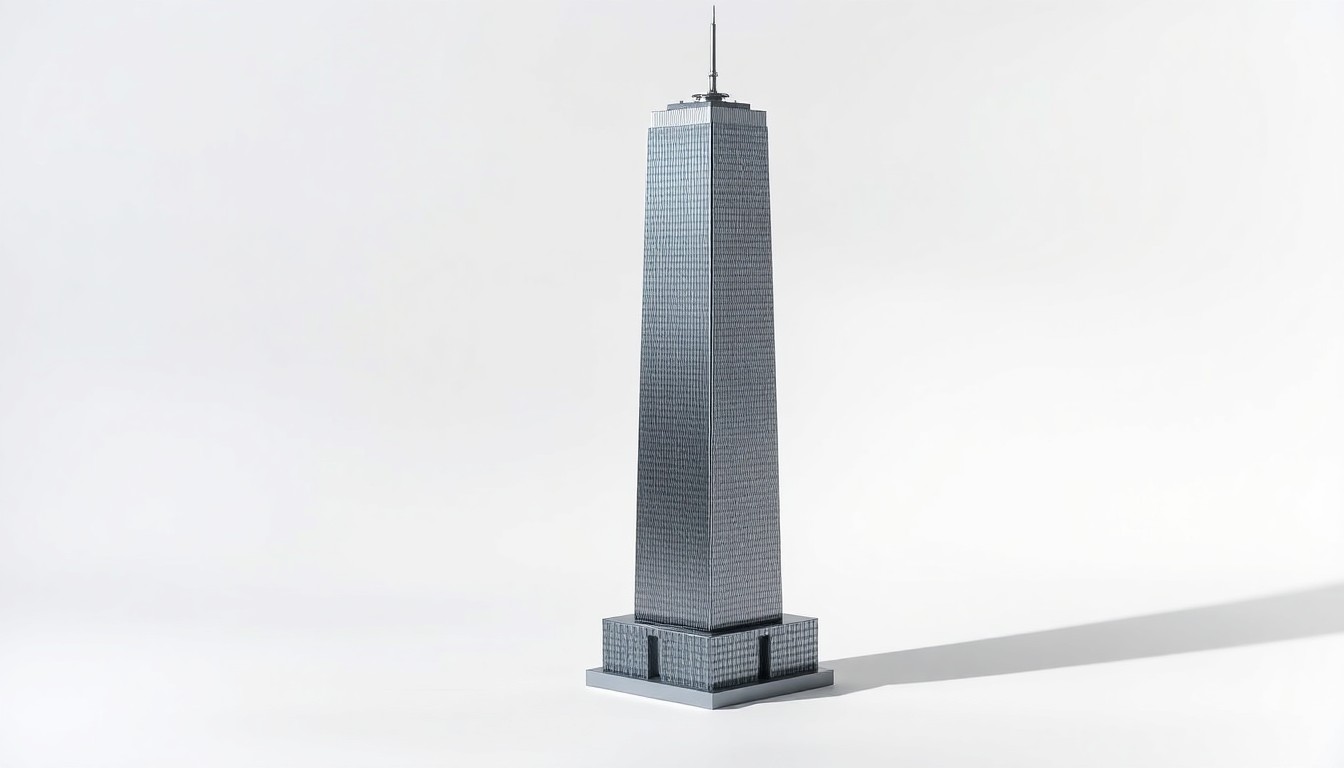 A high-end, photorealistic studio still-life photograph featuring a scale model of a modern, glass-and-steel skyscraper, dramatically lit to highlight its clean, geometric design.