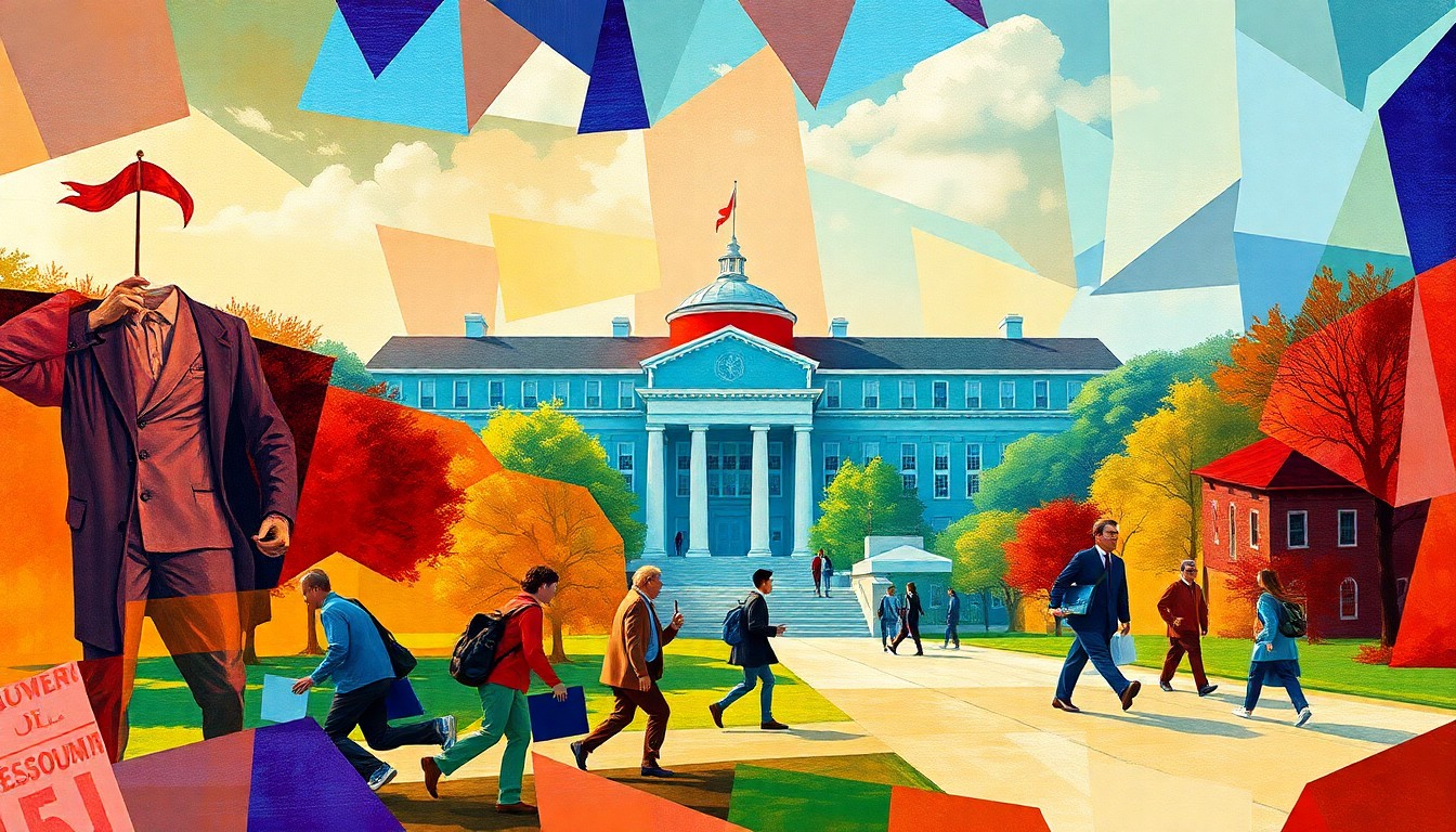 A vibrant, abstract painting with overlapping, fractured shapes and geometric patterns in shades of blue, green, and red, conveying a sense of motion and the complex interplay between academic and political forces on a university campus.