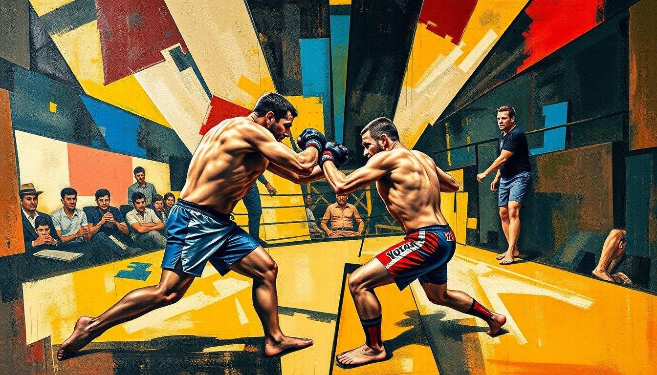 A cubist, geometric painting depicting a mixed martial arts competition, with overlapping planes and shapes representing the dynamic movements and strategies of the fighters.