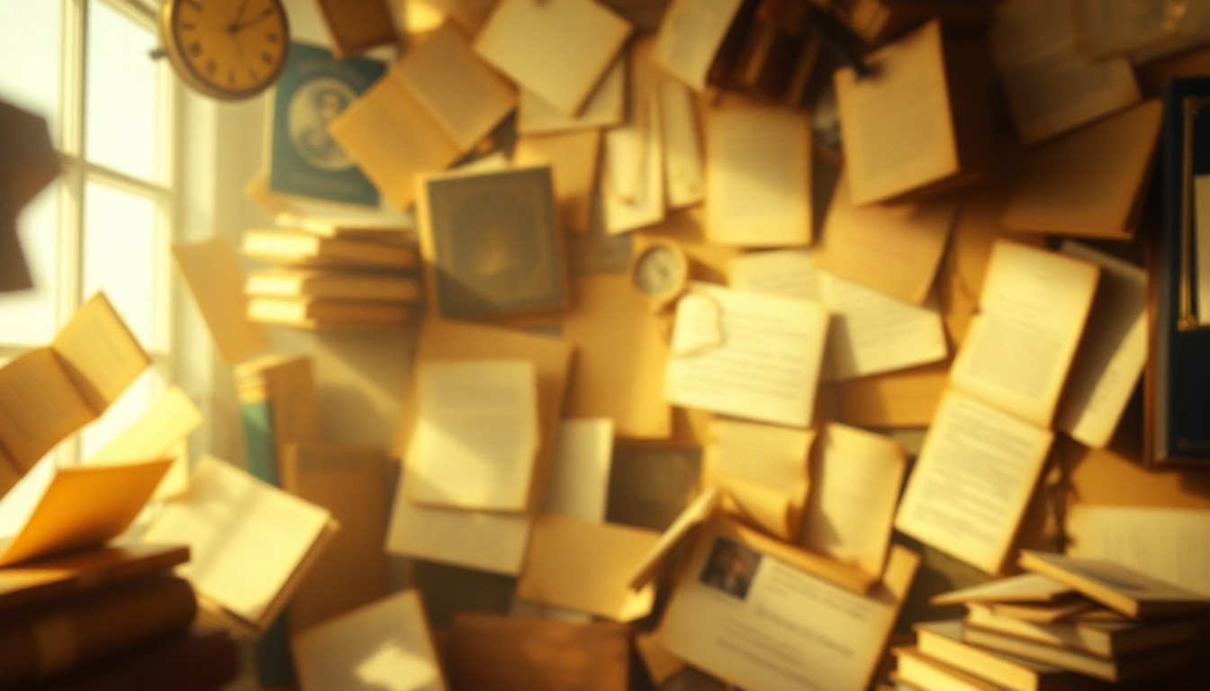 An extremely abstracted, out-of-focus photograph in soft, warm tones depicting a blurred, dreamlike scene of various antique and vintage items, such as old books, letters, and other ephemera, floating in a sea of light, conceptually representing the eclectic nature of unusual auction items.