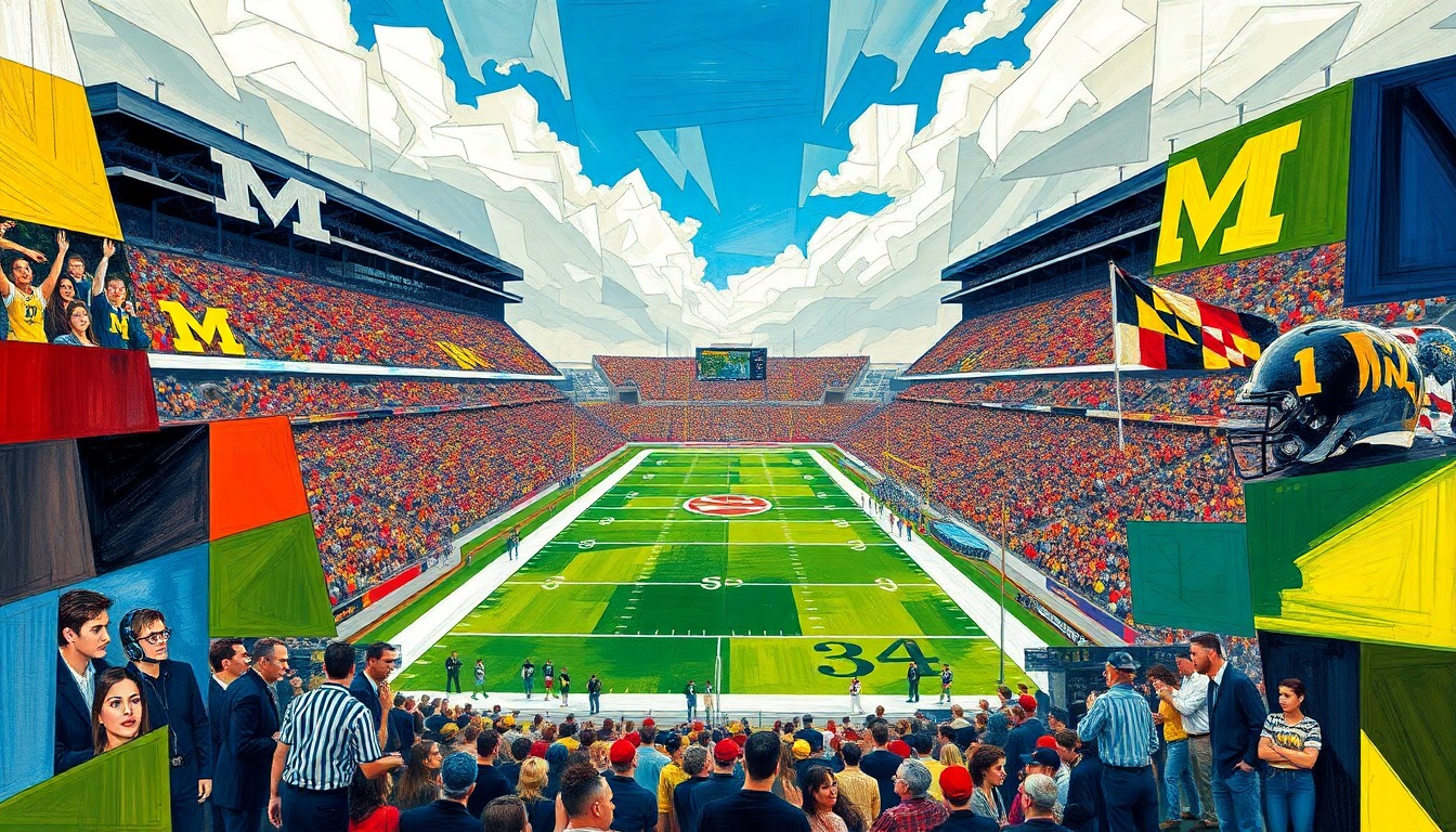 A cubist, geometric painting depicting a college football game, with the players and field broken down into sharp, overlapping planes of color and shape, capturing the dynamic and unpredictable nature of the matchup.