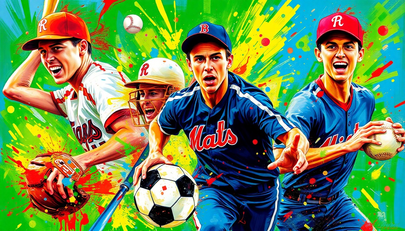 A dynamic, colorful abstract painting featuring energetic brushstrokes and splatters of neon greens, oranges, and blues, capturing the spirit of various spring sports in East Windsor.