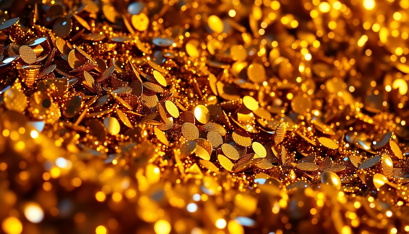 An extreme close-up photograph of shimmering gold sequins and glittering disco ball fragments, reflecting dramatic studio lighting to capture the high-energy, glamorous atmosphere of a live music performance.