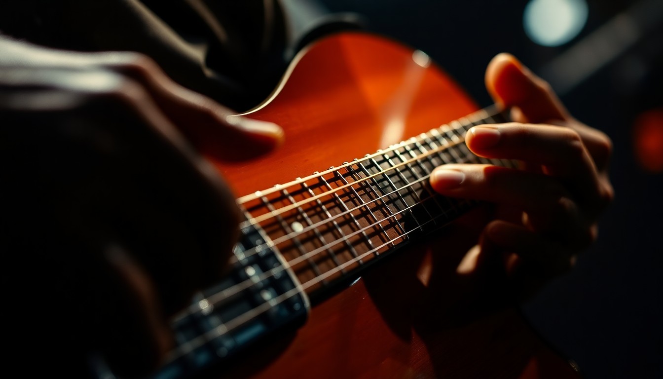 An extreme close-up photograph of a musician's hand playing a guitar, the strings and fretboard rendered in dramatic high-contrast lighting to create a sense of texture and intimacy.