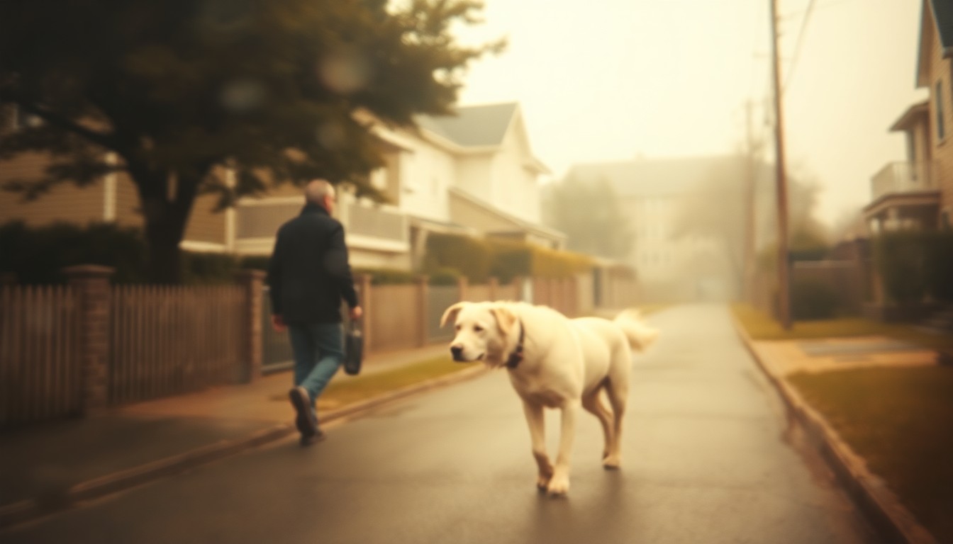 An extremely blurred, impressionistic photograph of a person walking a large white dog down a residential street, with the scene obscured by soft, warm pools of light and color, conveying a sense of compassion and community.