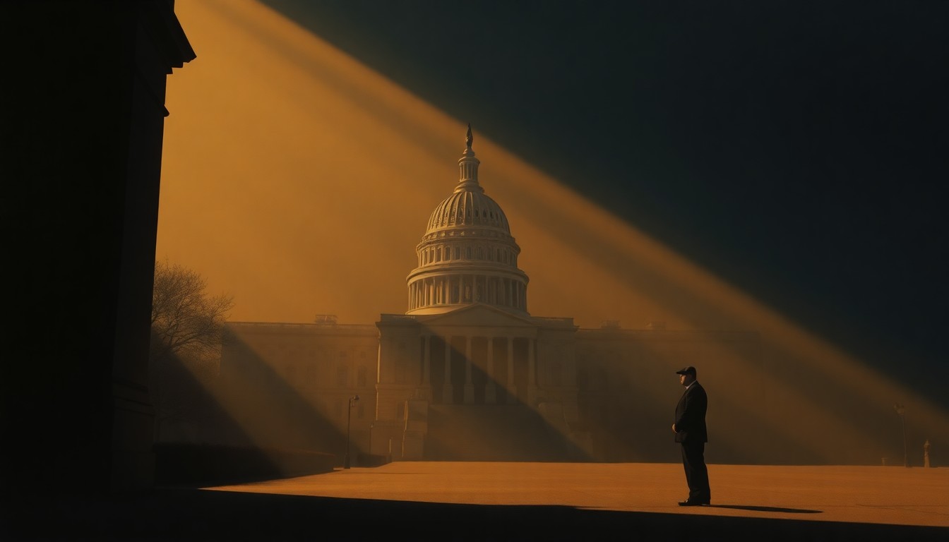 A serene, cinematic painting depicting a solitary government building or political figure in a warm, sunlit urban setting, conveying a sense of quiet contemplation and the complexities of modern presidential politics.