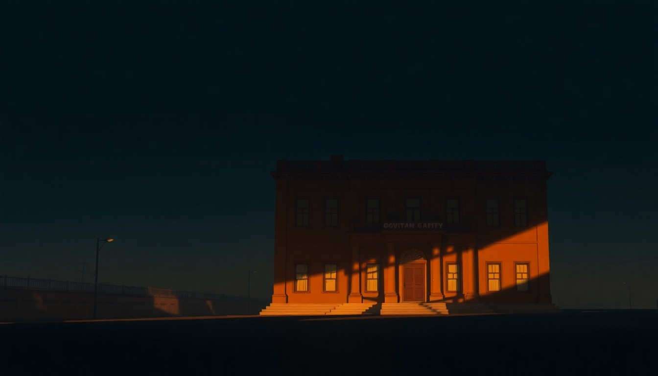 A serene, photorealistic painting of a Pakistani government building in warm, golden sunlight, with deep shadows cast across the facade, conveying a sense of quiet contemplation and the weight of diplomatic negotiations.