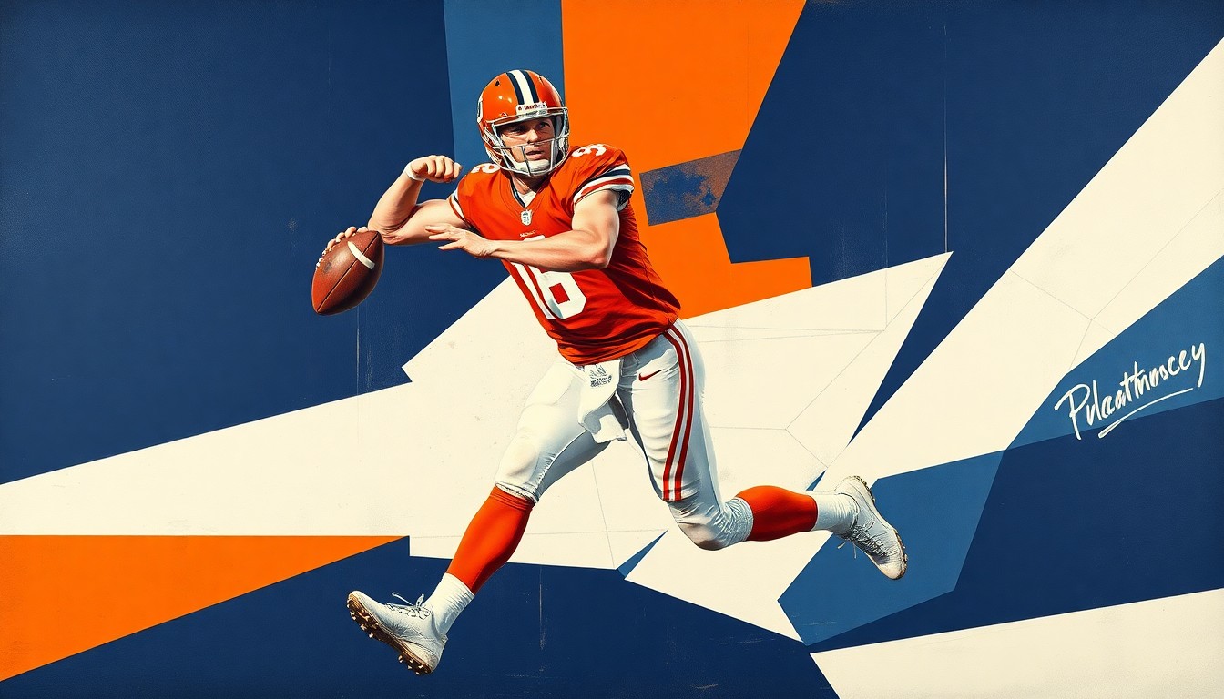 A cubist-style painting depicting a college football quarterback's throwing motion and running ability broken down into sharp, overlapping geometric shapes in navy blue, burnt orange, and white, conveying the dynamic playmaking power of Auburn's new signal-caller.