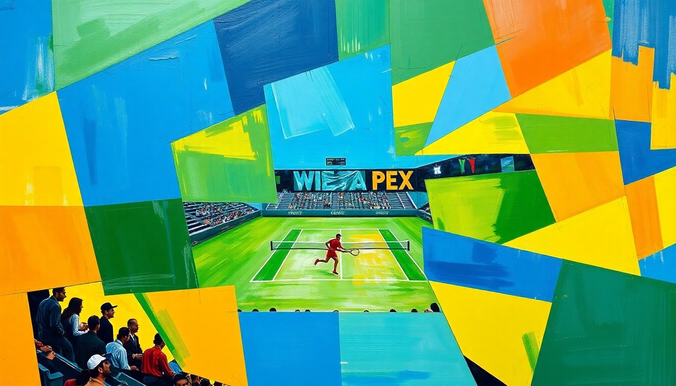 A fragmented, geometric painting in bold colors depicting the dynamic movements and perspectives of a men's tennis match.