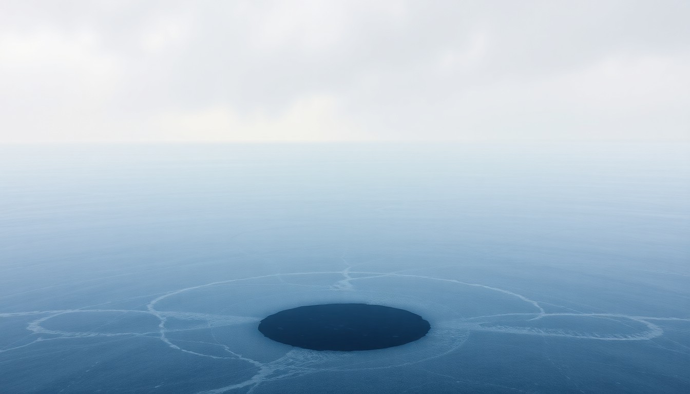 A serene, atmospheric landscape painting depicting the frozen expanse of Lake Minnetonka on a hazy, overcast day, with only a few small openings in the ice visible, conveying the sense of a sublime, natural world reclaiming its domain.