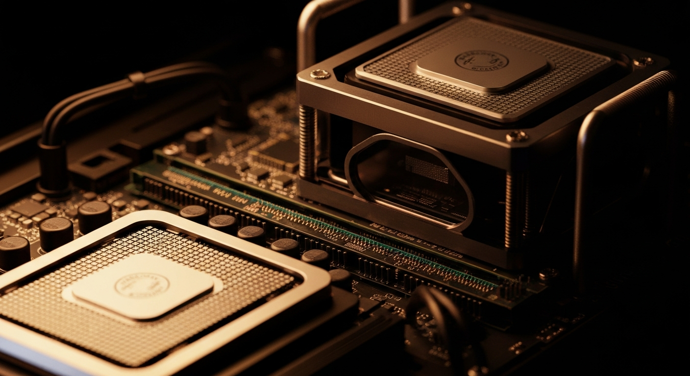 An extreme close-up of NVIDIA's intricate computer hardware components, including circuit boards, cooling systems, and high-performance GPU chips, conveying the company's technological prowess and engineering excellence.