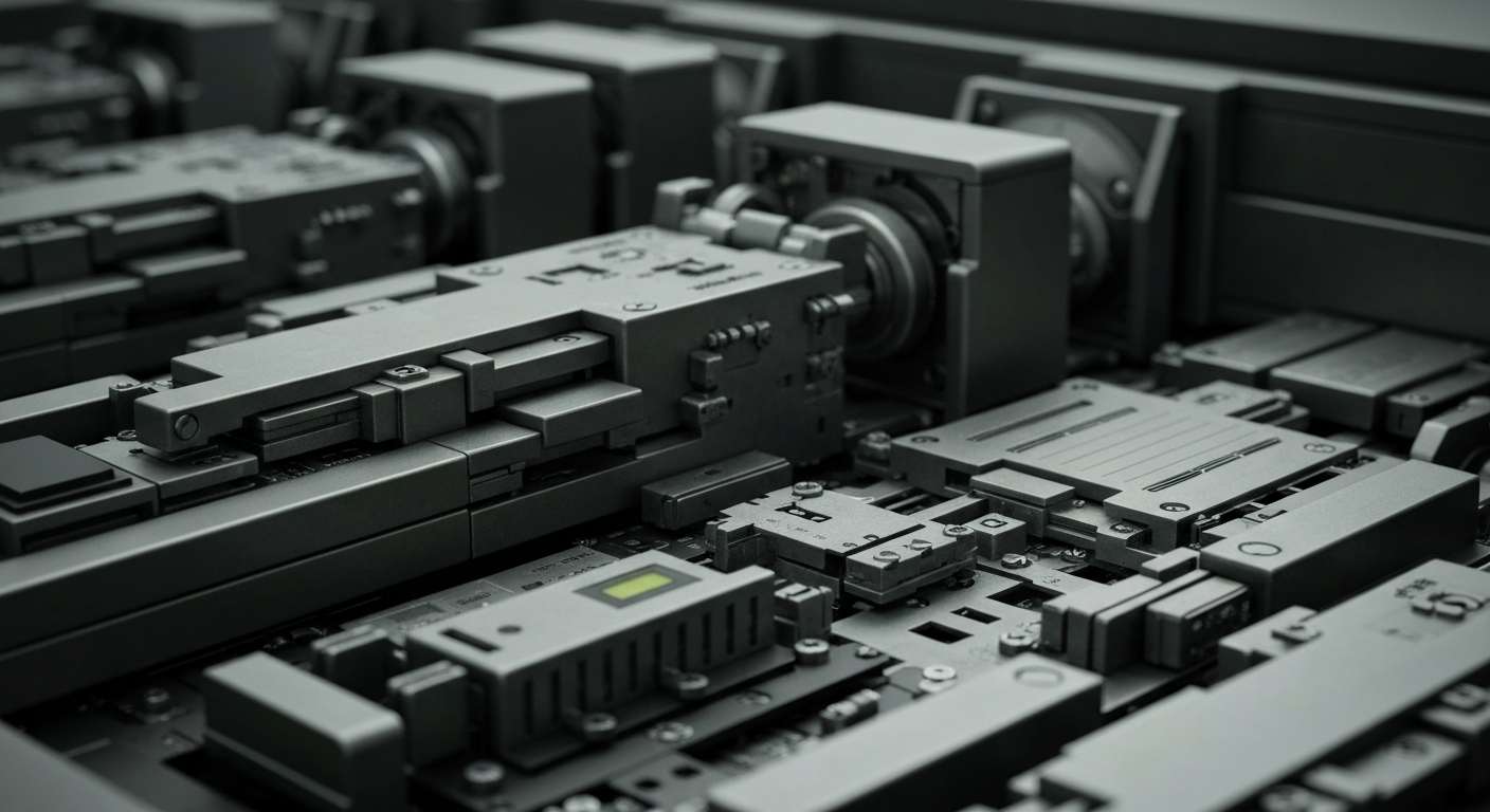 An extreme close-up of gears, circuits, and metal components that make up the complex financial infrastructure powering Microsoft's cloud and enterprise software, conveying a sense of the company's technological might and institutional importance.