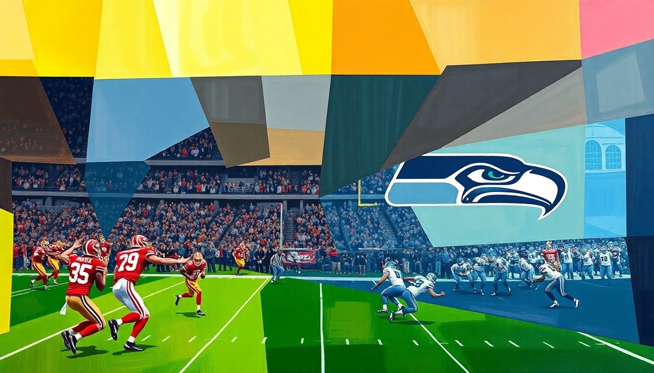 A cubist, geometric painting depicting a 49ers vs. Seahawks football game, with the players and field abstracted into sharp, overlapping planes of color and shape, capturing the intensity and energy of the rivalry.