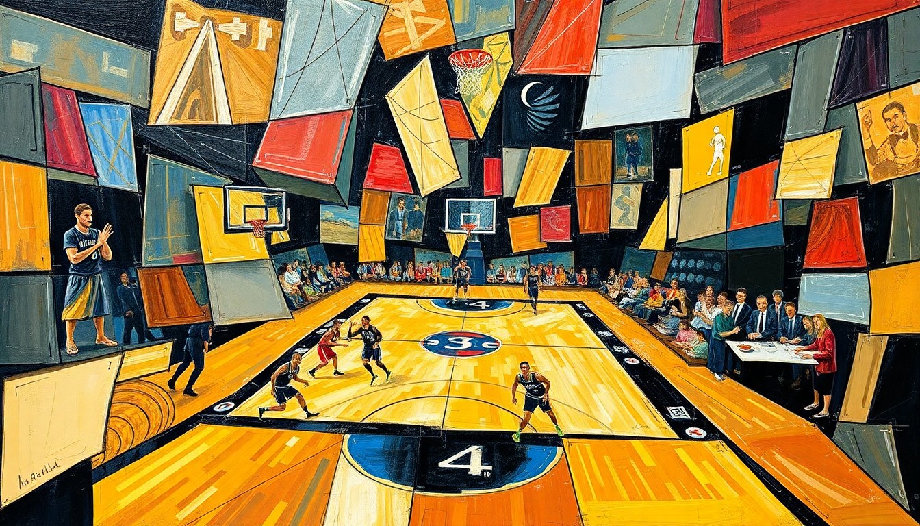 A cubist, geometric painting depicting fragmented basketball players and court elements, conveying the complex and multifaceted nature of the Cavaliers' playoff journey.