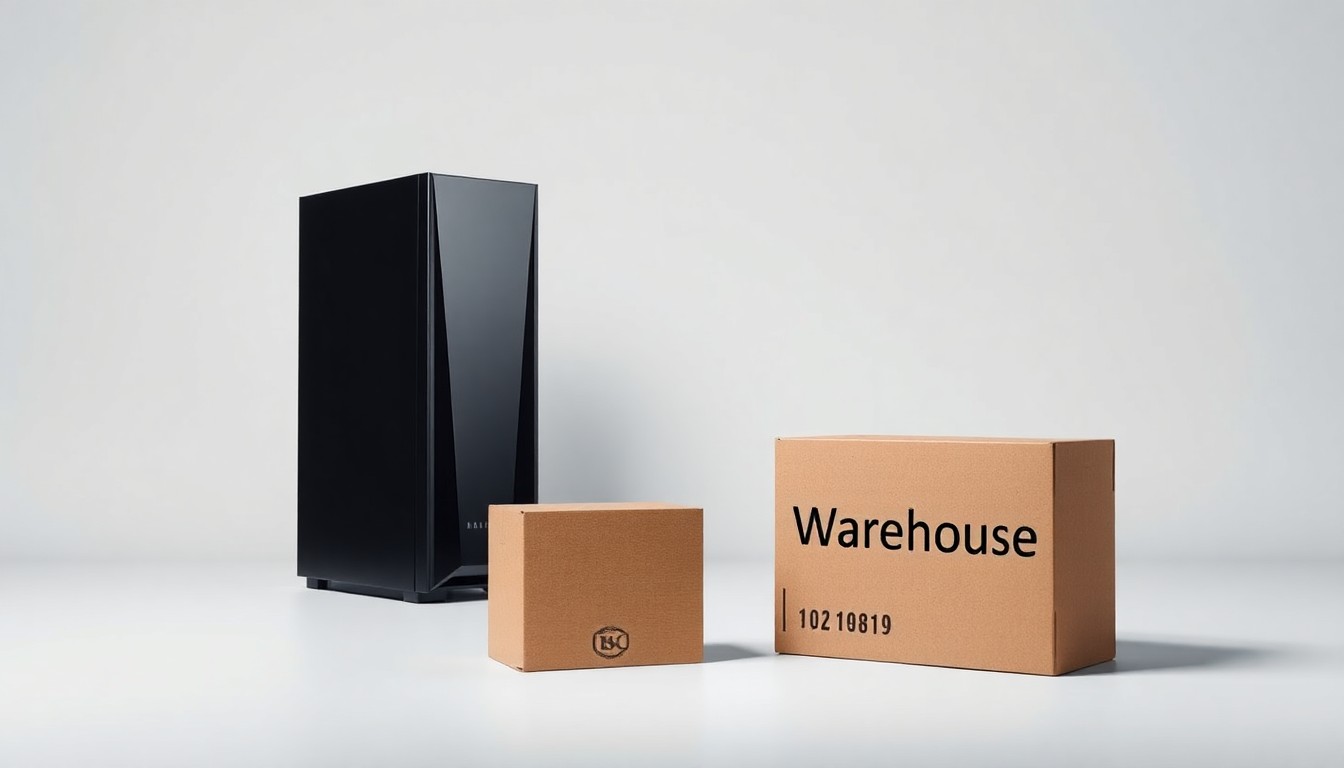A photorealistic studio still life featuring a sleek data server tower and a cardboard warehouse box, symbolizing the abstract concepts of data infrastructure and logistics in a minimalist, high-quality editorial illustration.