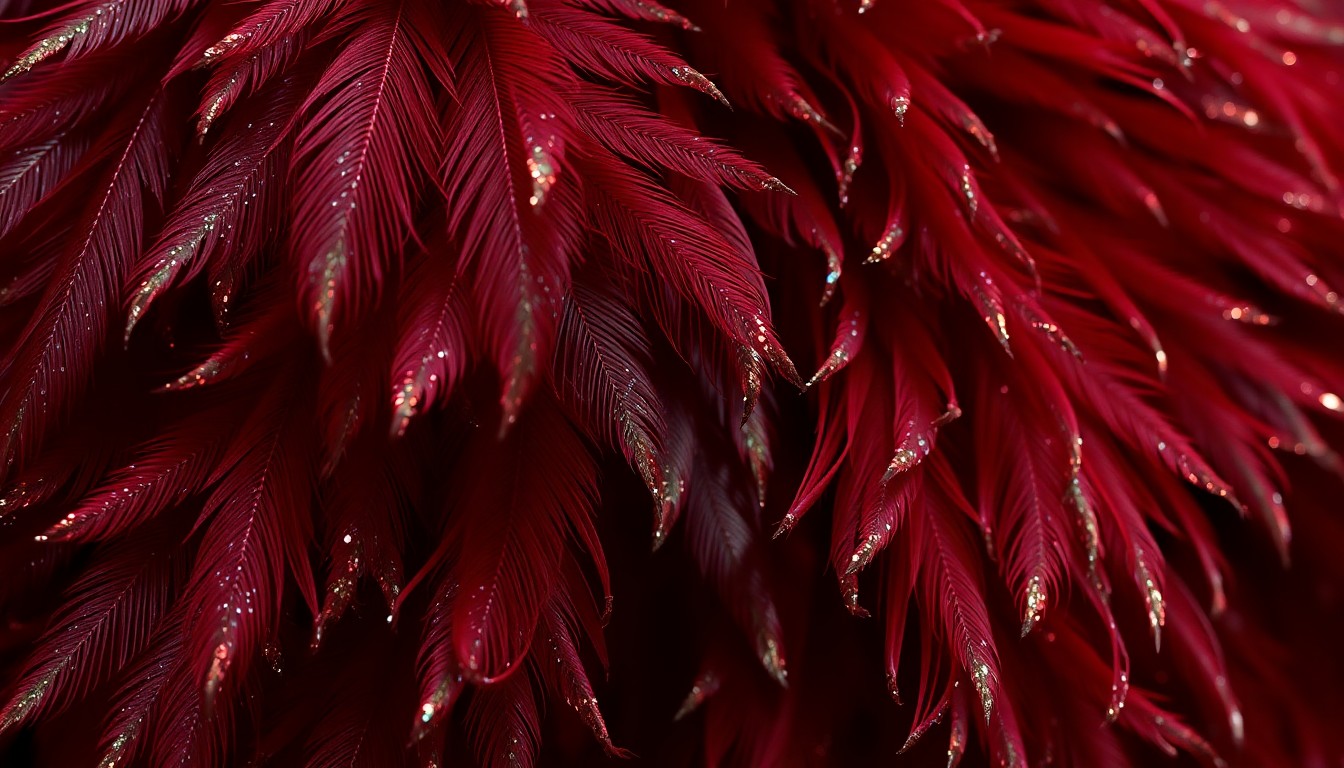 An extreme close-up photograph of the intricate, shimmering texture of the kingfisher feathers that make up Zendaya's Schiaparelli gown, highlighting the luxurious and glamorous nature of the couture creation.