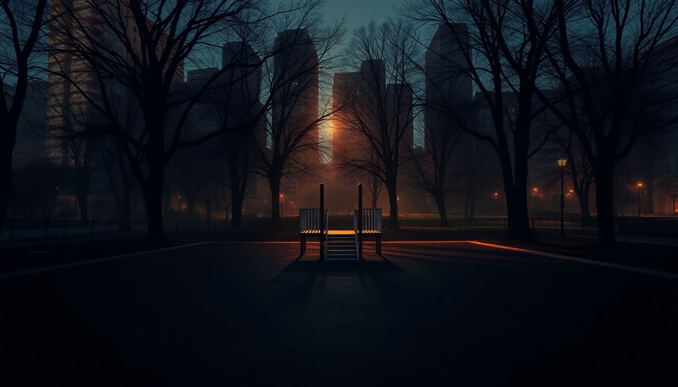 A serene, photorealistic painting of an empty children's playground in an urban park, with warm sunlight casting long shadows across the swings and slides, conveying a sense of quiet contemplation about the future of this community space.