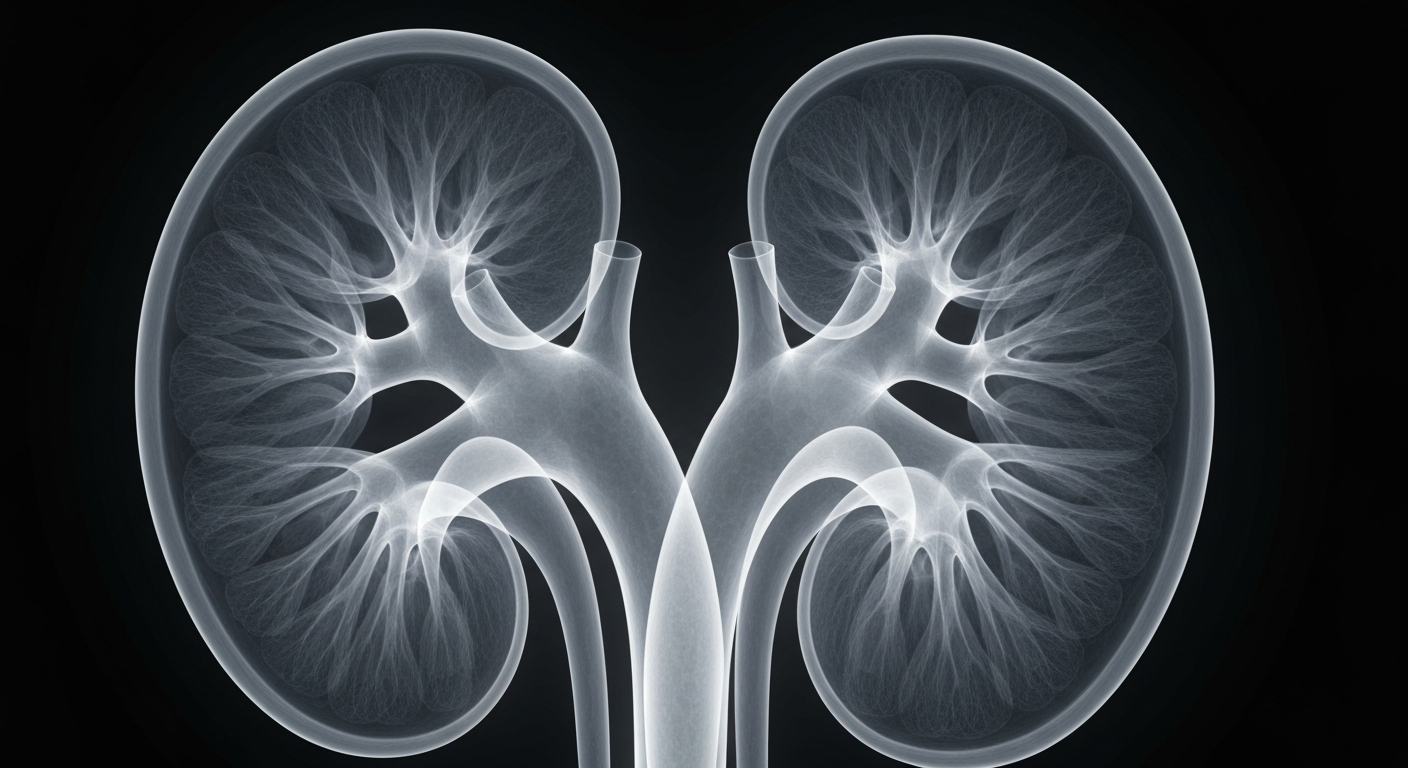 A ghostly, glowing X-ray image of a human kidney, revealing its intricate internal structures in a translucent, high-contrast style that conceptually illustrates the medical complexities of chronic kidney disease.
