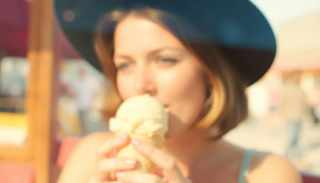 An extremely blurred, impressionistic photograph in warm tones, showing the silhouette of a person enjoying an ice cream on a sunny day, conveying a sense of tranquility and fleeting pleasure amidst the challenges of Alzheimer's.
