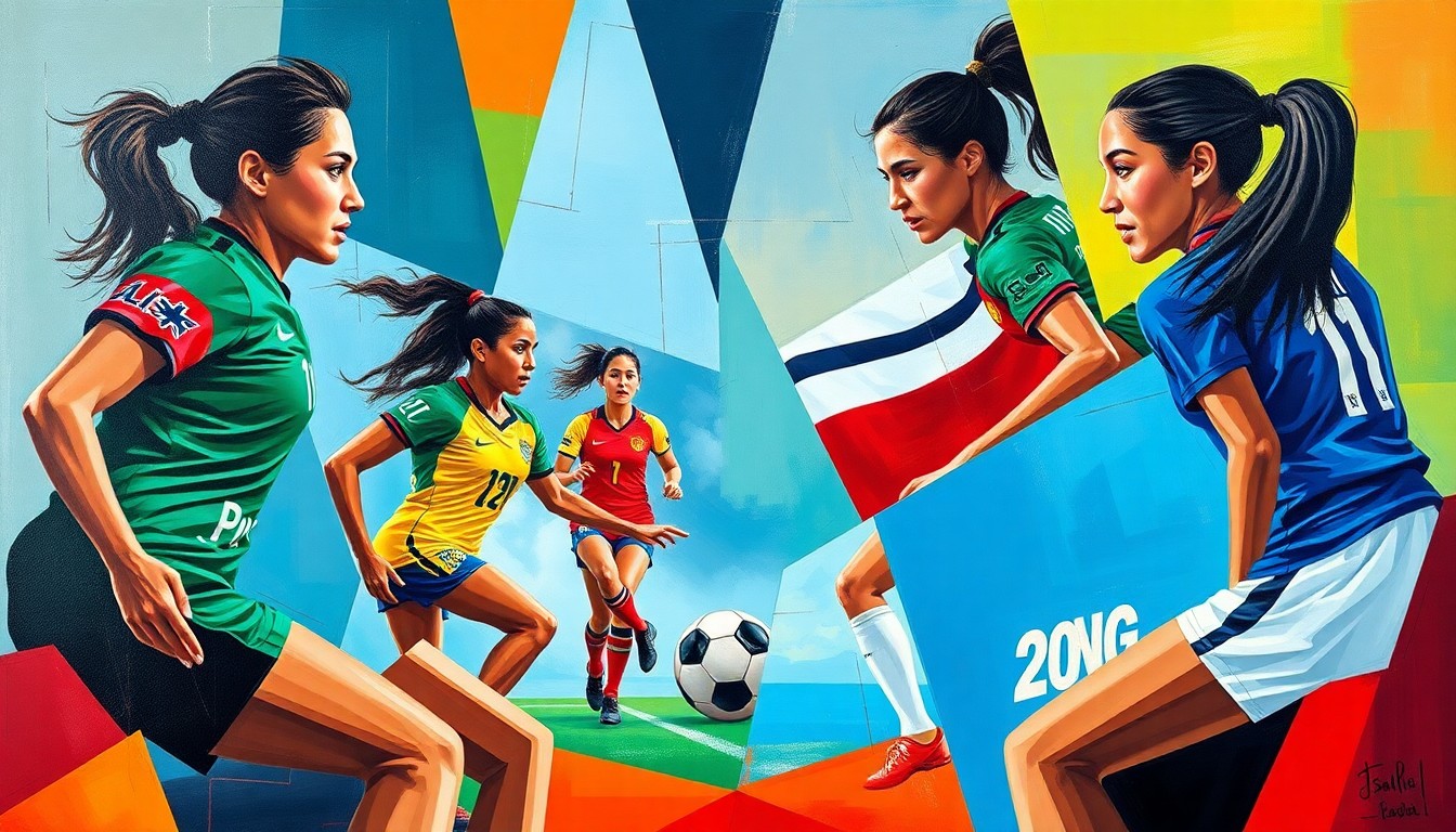 A cubist, geometric painting depicting the action and energy of a women's football match, with the vibrant colors of the competing teams' uniforms fractured and overlapping across the canvas.