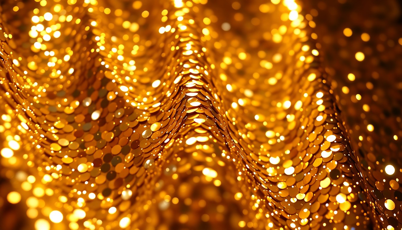 An extreme close-up photograph of shimmering gold and silver sequins under dramatic studio lighting, conceptually representing the glamour and energy of a live music performance.