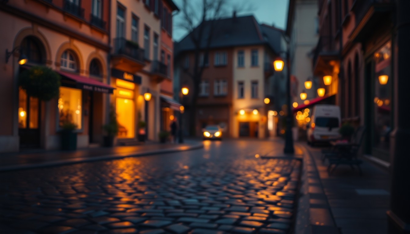 An abstract, impressionistic scene of a dimly lit European street at dusk, with soft, blurred pools of warm light and color reflecting off the wet pavement, conveying a sense of tranquility and a slower pace of life.
