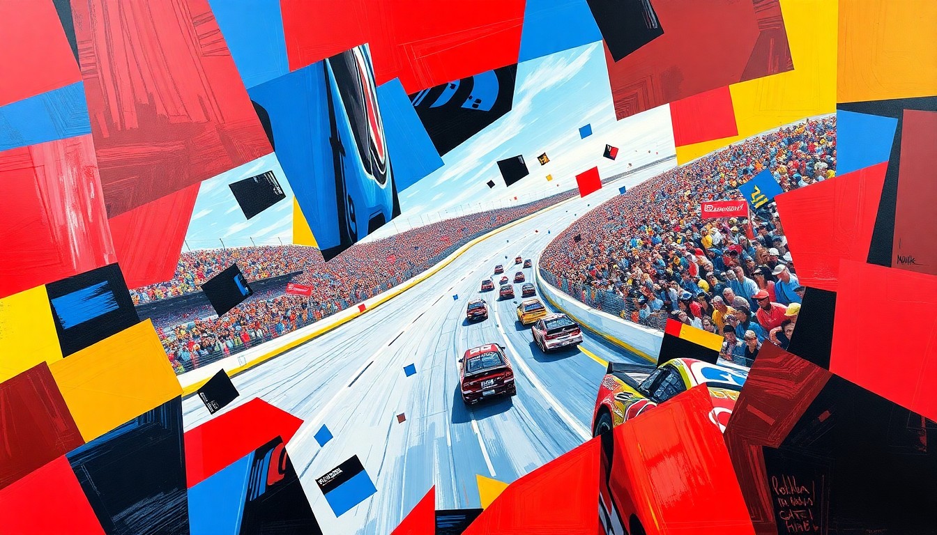 A fractured, multi-perspective painting in vibrant colors of red, blue, and yellow, breaking down a NASCAR race at Rockingham Speedway into sharp, overlapping geometric planes to conceptually represent the high-octane action and split-second decision-making required.