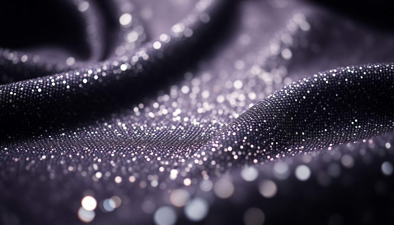 An extreme close-up photograph of a shimmering, high-contrast fabric texture, such as velvet or sequins, capturing the glitz and glamour of television production in an abstract, conceptual way.
