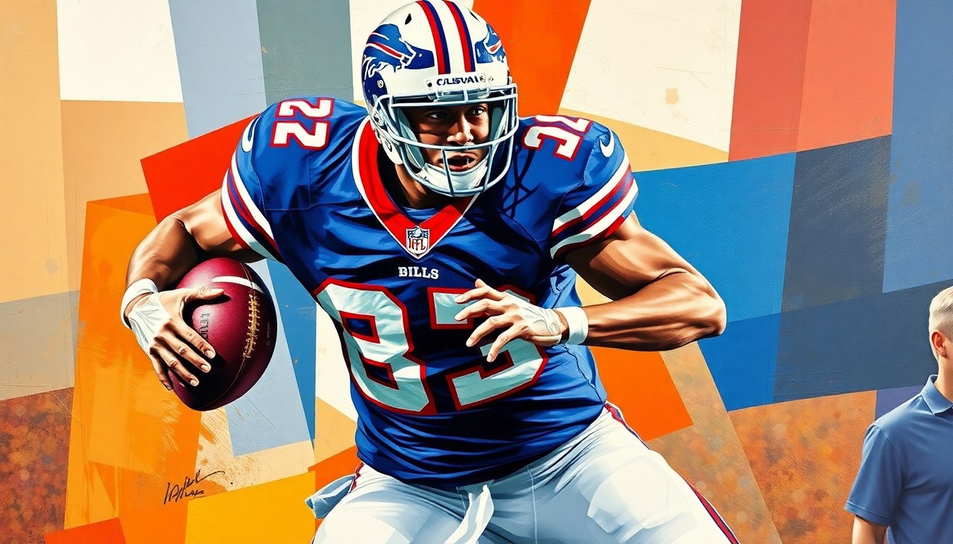 A cubist, geometric painting depicting a football player in mid-action, with sharp, overlapping planes of royal blue, red, and white representing the player's jersey colors and the fractured, multi-perspective nature of the game.