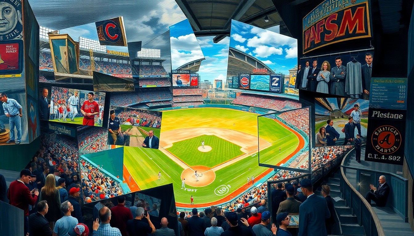 A cubist, geometric painting depicting a baseball stadium and game action, with sharp, overlapping planes of color and form, conceptually representing the multifaceted nature of the Royals' stadium proposal.