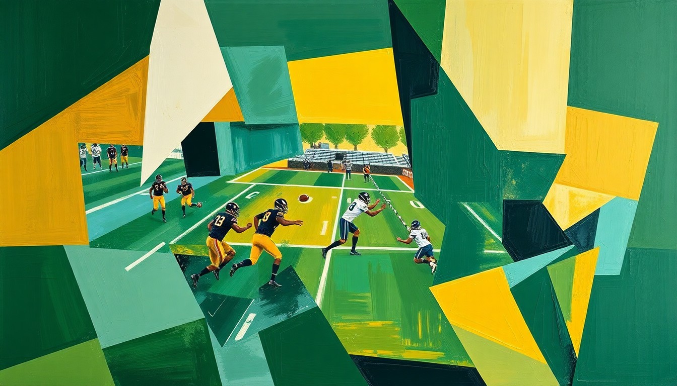 A cubist-style painting featuring fragmented, geometric shapes in shades of green, gold, and blue, representing the complex strategic decisions facing the Green Bay Packers' front office as they navigate the offseason.