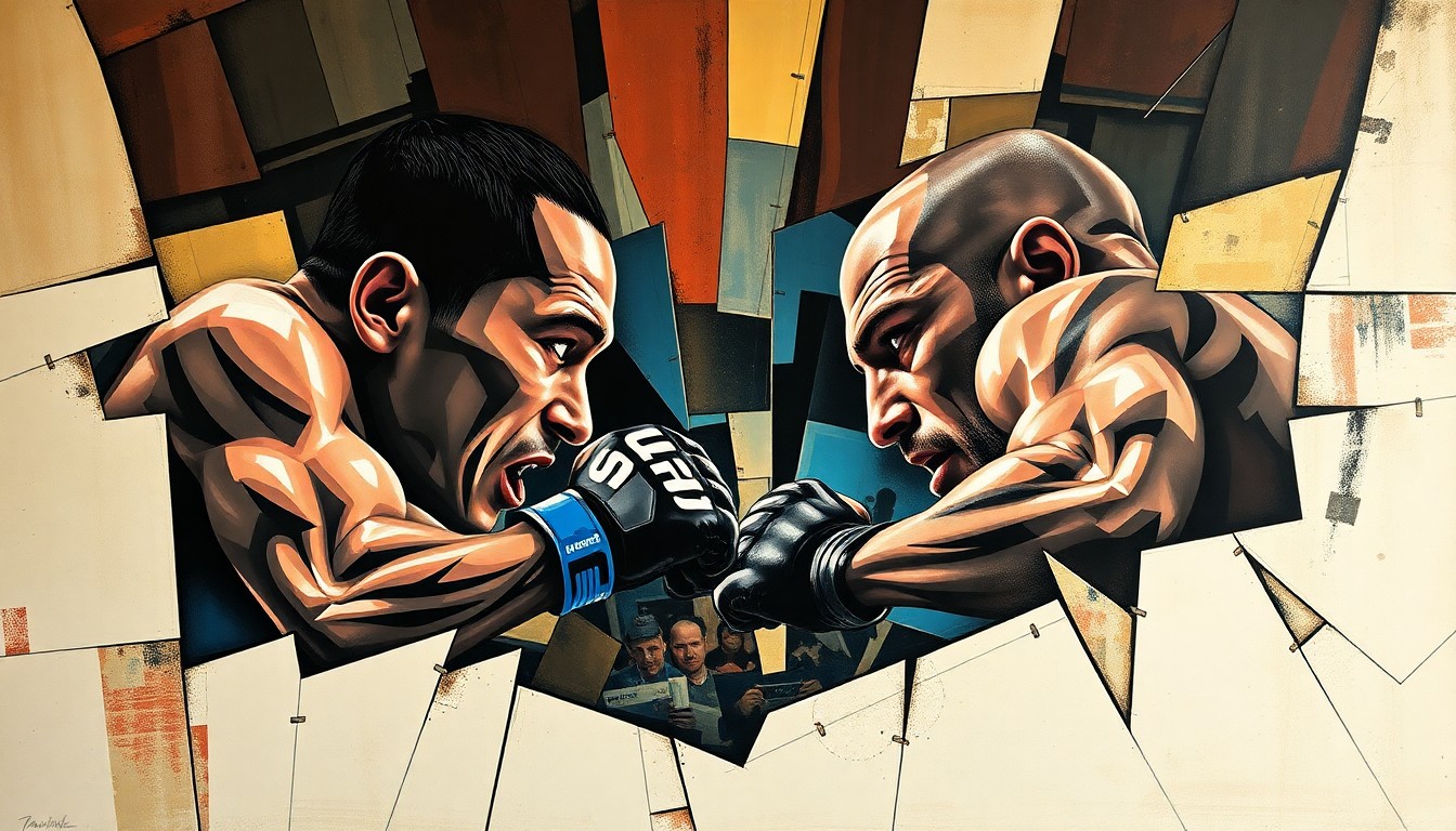 A cubist, geometric painting depicting a UFC fight between two figures, their movements and actions broken down into sharp, overlapping planes of color and shape, capturing the intensity and drama of the Jones-Cormier rivalry.