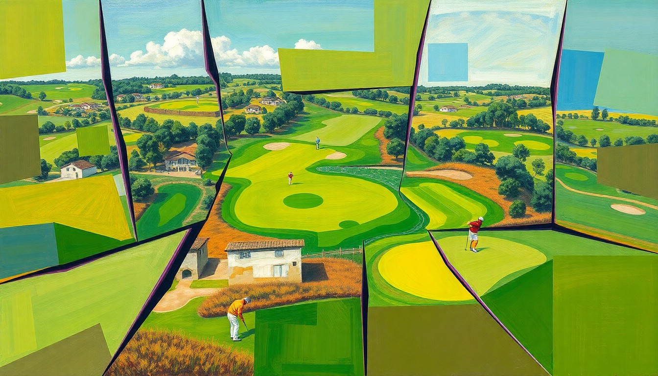A cubist, fragmented painting depicting a golf course with fairways, greens, and players broken down into sharp, overlapping geometric shapes in vibrant shades of green, brown, and blue.