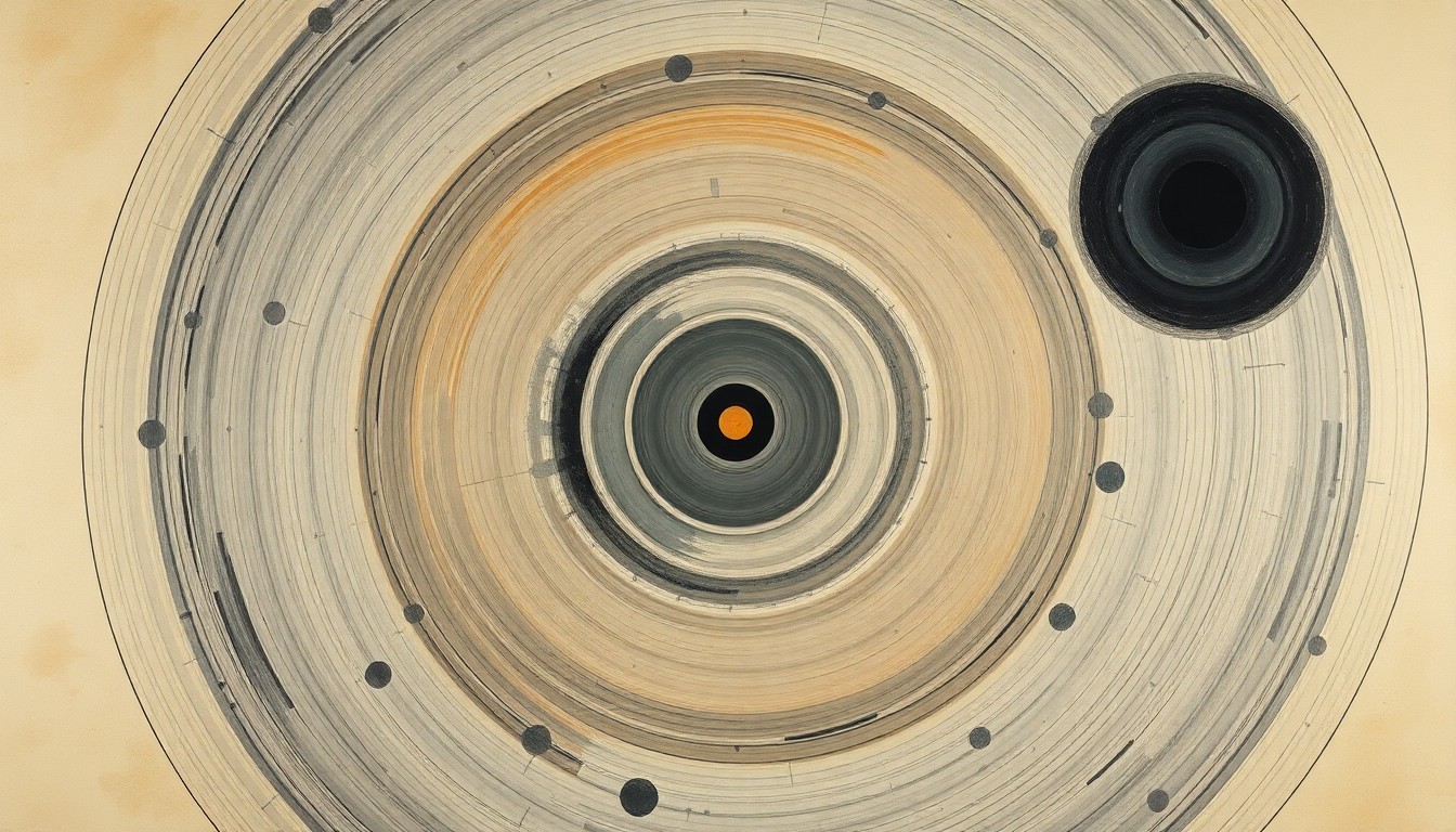 A highly abstract, geometric painting in soft, muted colors depicting intersecting waveforms, concentric circles, and sweeping arcs, conceptually representing the complex scientific forces and concepts related to magnetic frustration and quantum physics.